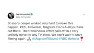 Jay Hernandez's tweet after the show was renewed by NBC (Image via Twitter)